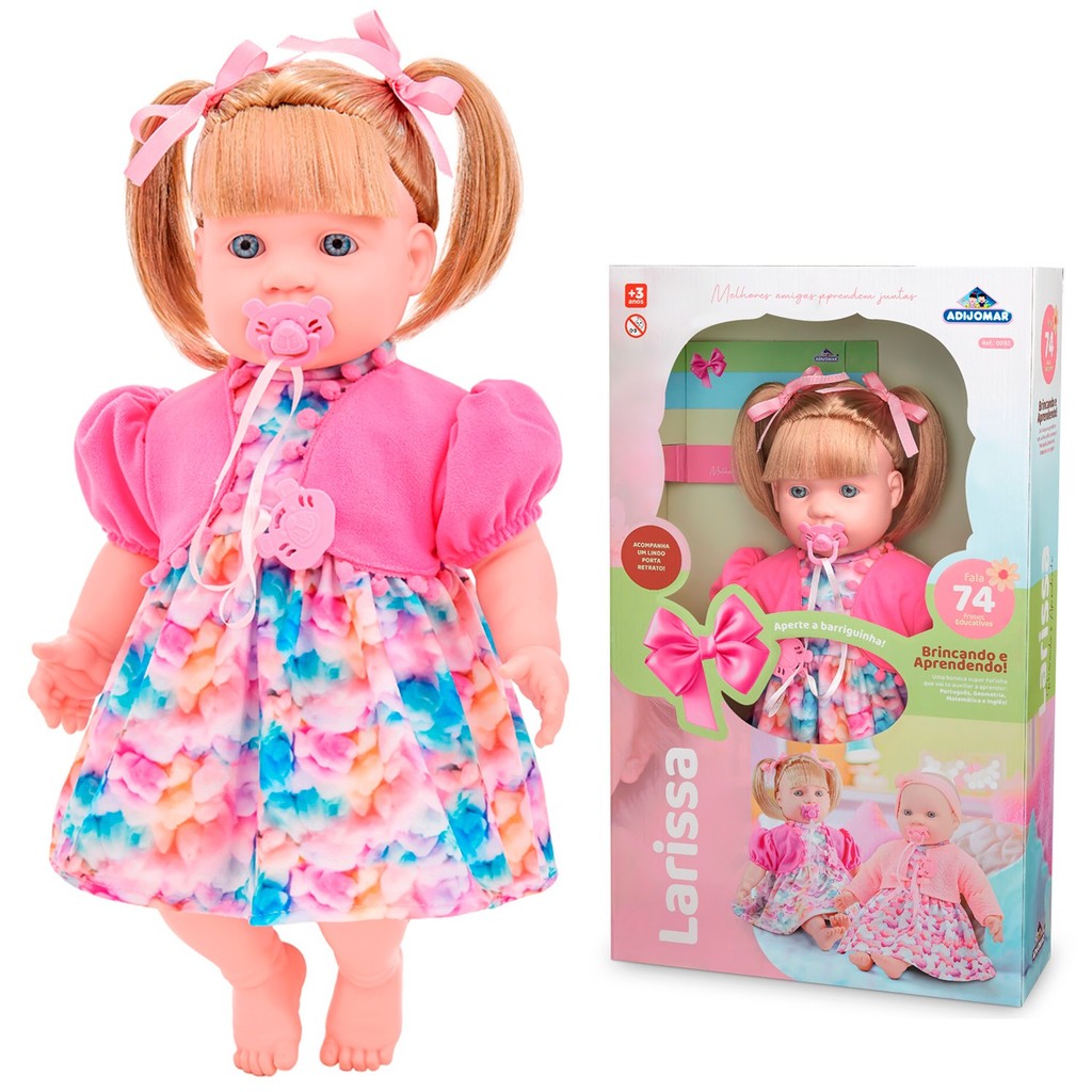 Boneca Larissa Loira Com Vestido Rosa Lacinho Fala 74 Frases Educativas Infantis - Adijomar em Oferta na Shopee