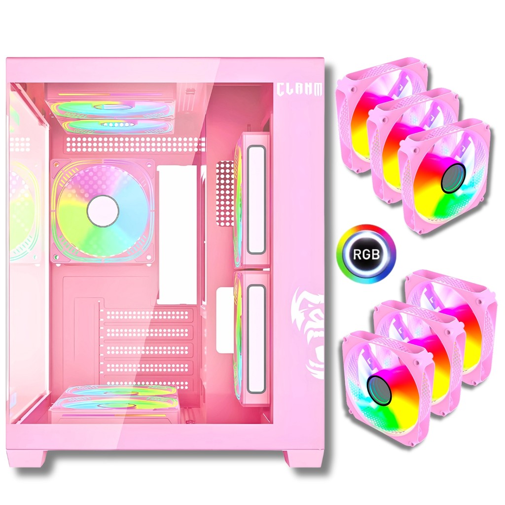Gabinete Gamer Aquário Com 6 Fans Clanm Candy Tower Micro ATX/ITX Vidro Temperado Lateral Rosa