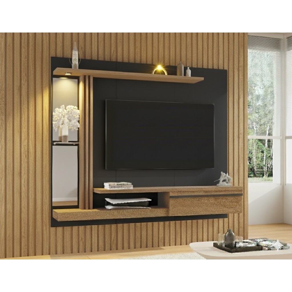 Painel para TV até 55 Polegadas LED Prateleira de Vidro Denver Preto Fosco