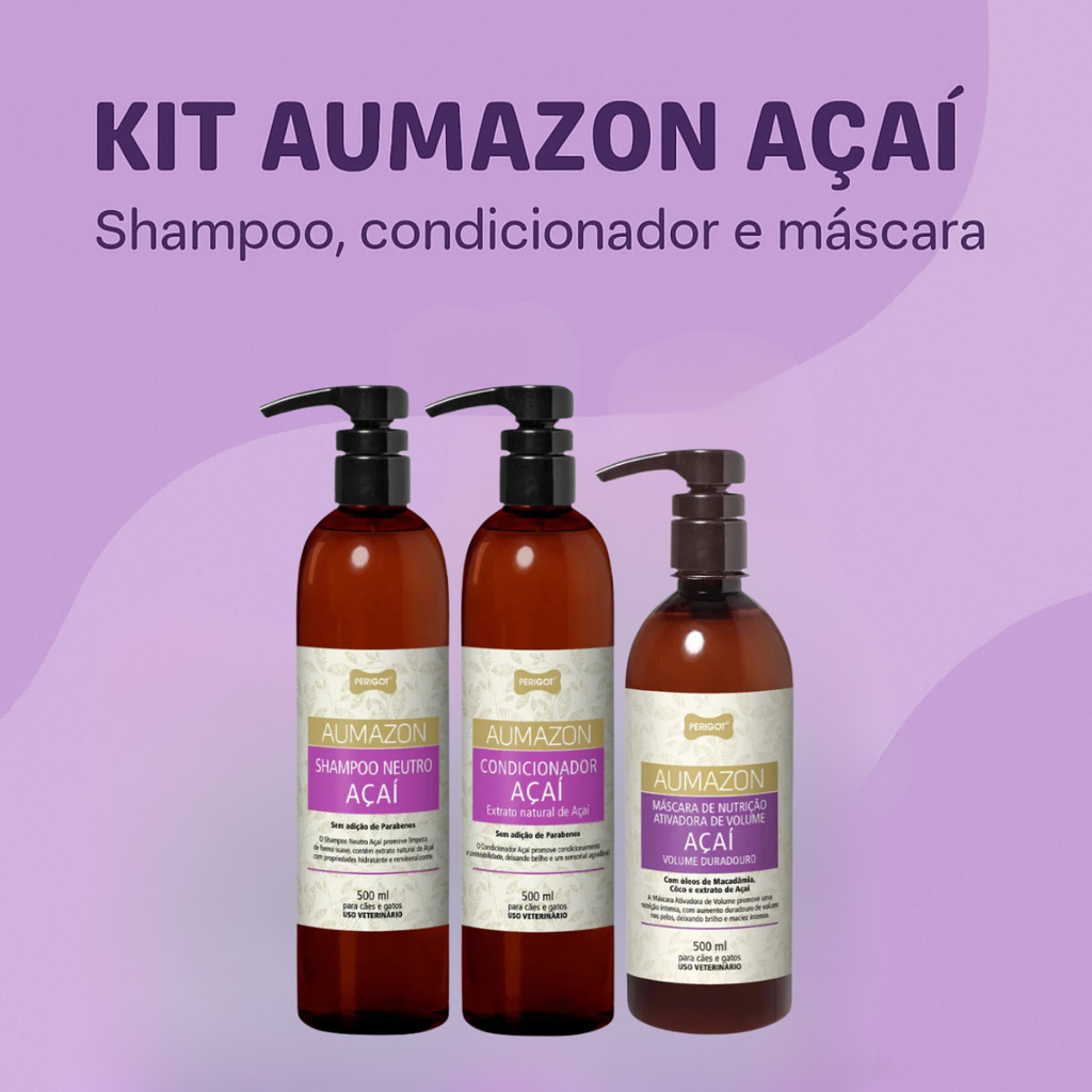 Kit Shampoo Condicionador e Máscara Perigot Aumazon Açaí 500ml Para Cães e Gatos Hidratação Nutrição e Brilho Pet
