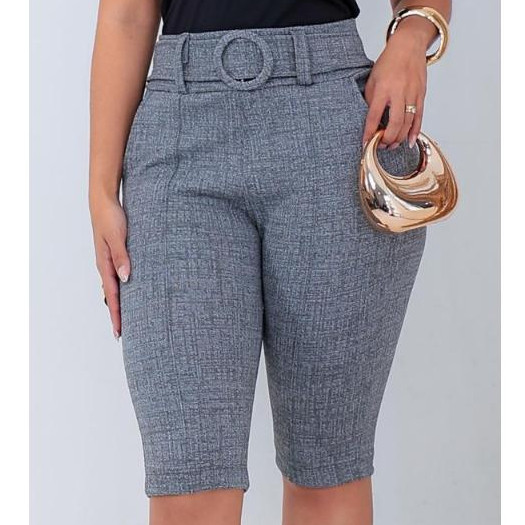 Bermuda Feminina Social com Elastano Bermuda Cintura Alta Elegante Com Cinto Fixo E Bolsos