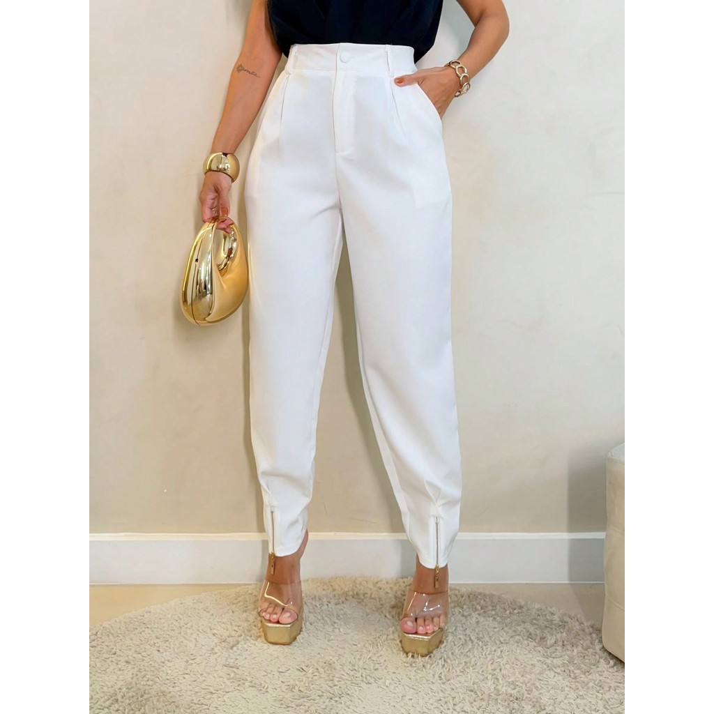 REF: AS-1282-1 Calça Harém Feminina | Cintura Alta | Perna Larga | Calça Cenoura | Calças com Zíper | Calça Casual
