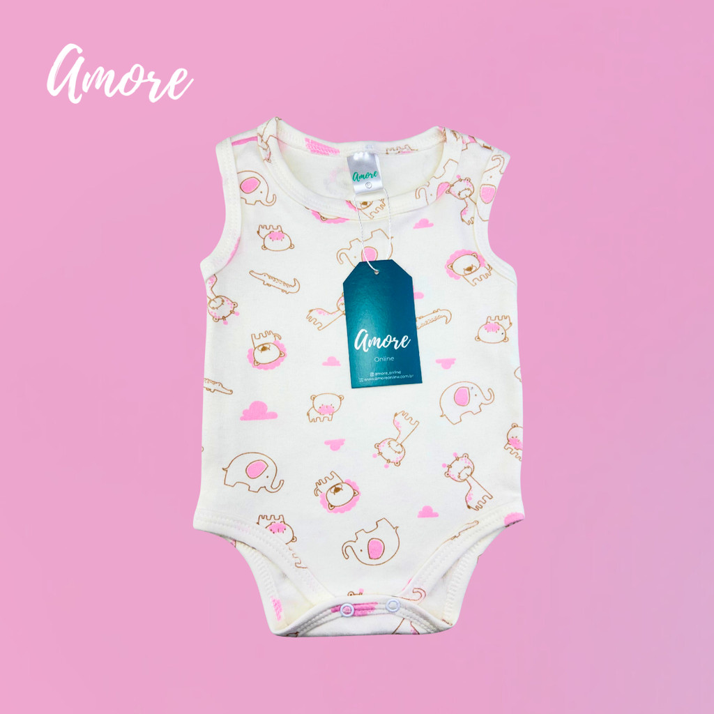 Roupa de Bebê Body Regata Safari Rosa - Suedine 100% Algodão em Oferta na Shopee