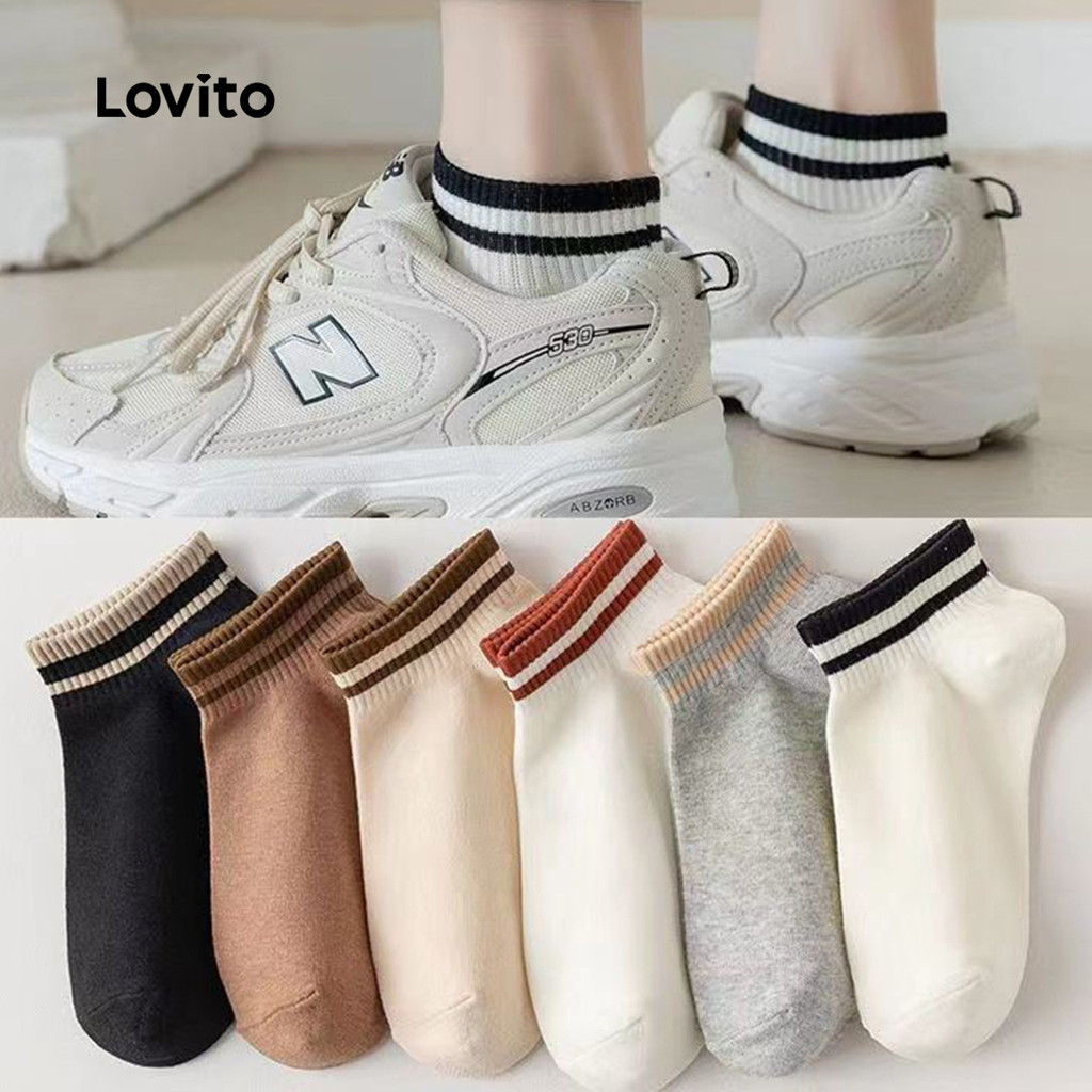 Detalhes do Lovito Meias Casuais Básicas Meias De Cores Contrastantes Para Mulheres LNA27259