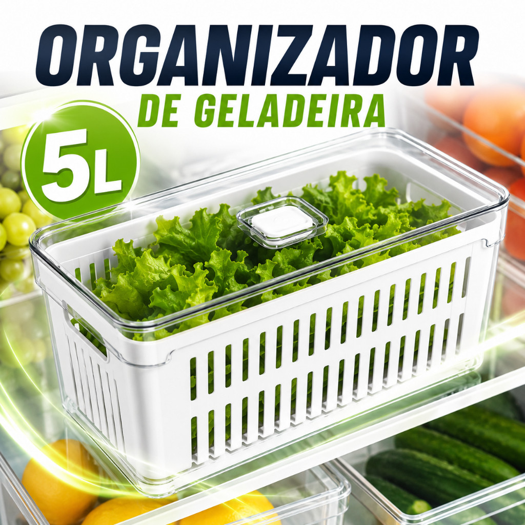Organizador de Geladeira 5L com Cesto De Drenagem Tampa Clear Fresh Acrílico Frutas Legumes Vegetais