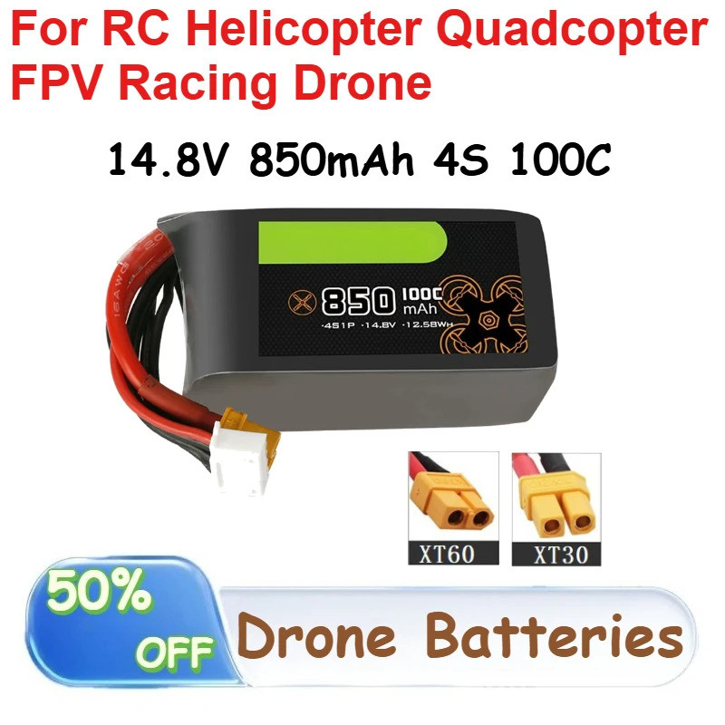 Bateria LiPo 14.8V 850mAh 4S 100C Para Helicóptero RC Quadcopter FPV Baterias De Drone De Corrida Recarregáveis Com Plug