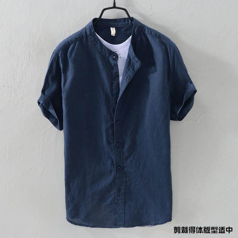 Camisa de manga curta de linho masculina gola alta solta Retro fina respirável All-Match polegada camisa azul escuro alg