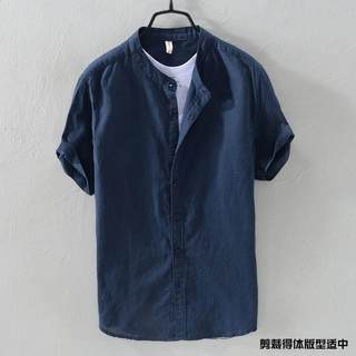 Camisa de manga curta de linho masculina gola alta solta Retro fina respirável All-Match polegada camisa azul escuro alg