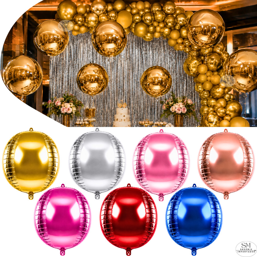 Kit 5 ou 10 Balao Metalizado 4D Orbz Espelhado Balada Festa Decoração Aniversário Ano Novo 22"