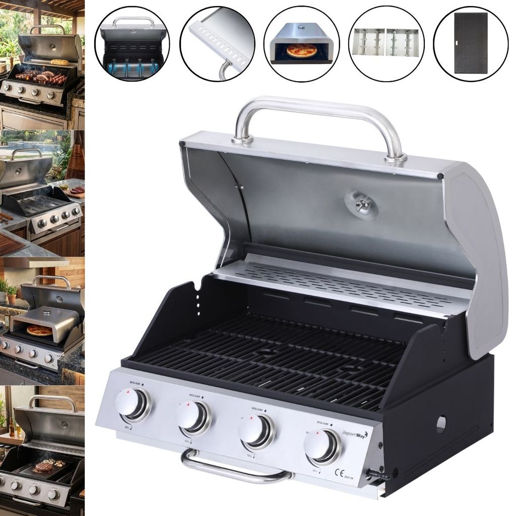 Churrasqueira Americana a Gás Embutir Inox 4 Queimadores Com Forno de Pizza Chapa e Defumador Gourmet
