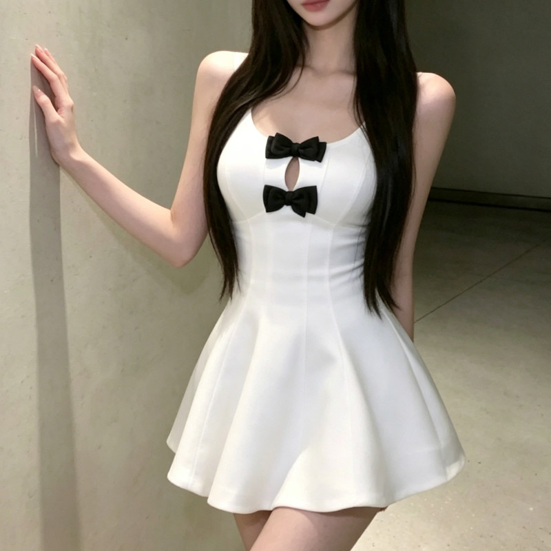 Doce estilo branco sem mangas vestido feminino arco-nó cintura estreita A linha saia curta pequeno vestido de princesa