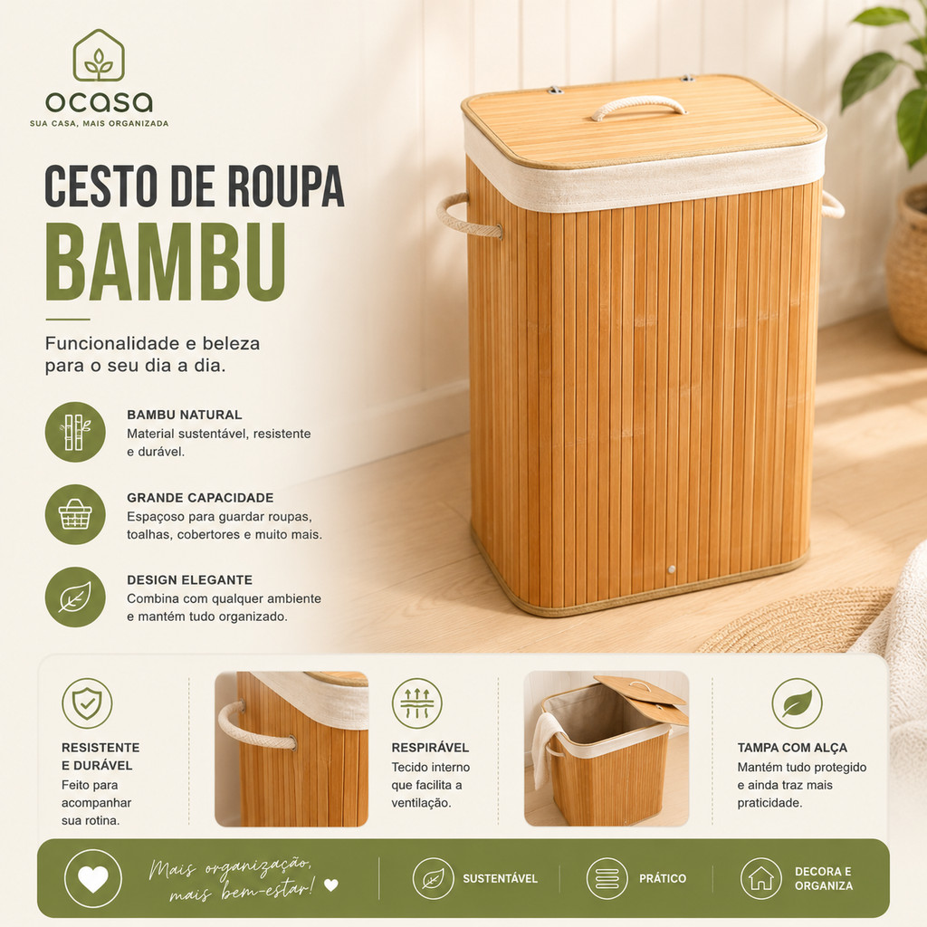 Cesto de Roupa Suja 72 LITROS Lavanderia Bambu c/ Tampa Retangular Forrado Quarto Banheiro Dobrável