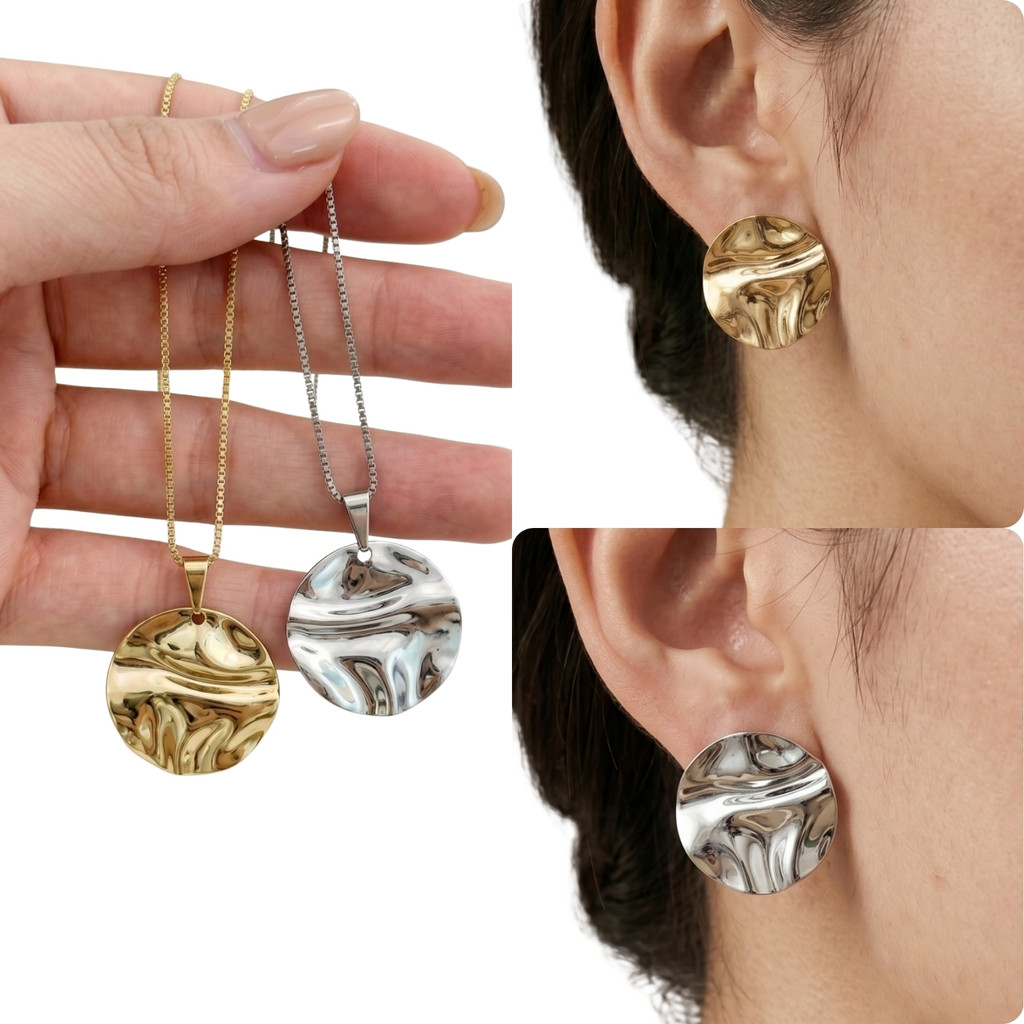 (Semi Joia) Conjunto Brinco e Colar Martelado Organico Prata 925 Ouro 18k Anti Alergico Presente