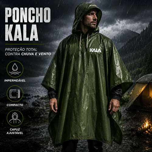 Capa De Chuva Poncho Impermeável Com Capuz Adulto Kala