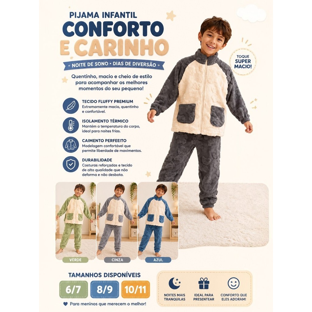 Conjunto Pijama Infantil Masculino Inverno Pelúcia Fleece Menino Quentinho Confortável Moda Infantil 6 ao 12 Anos