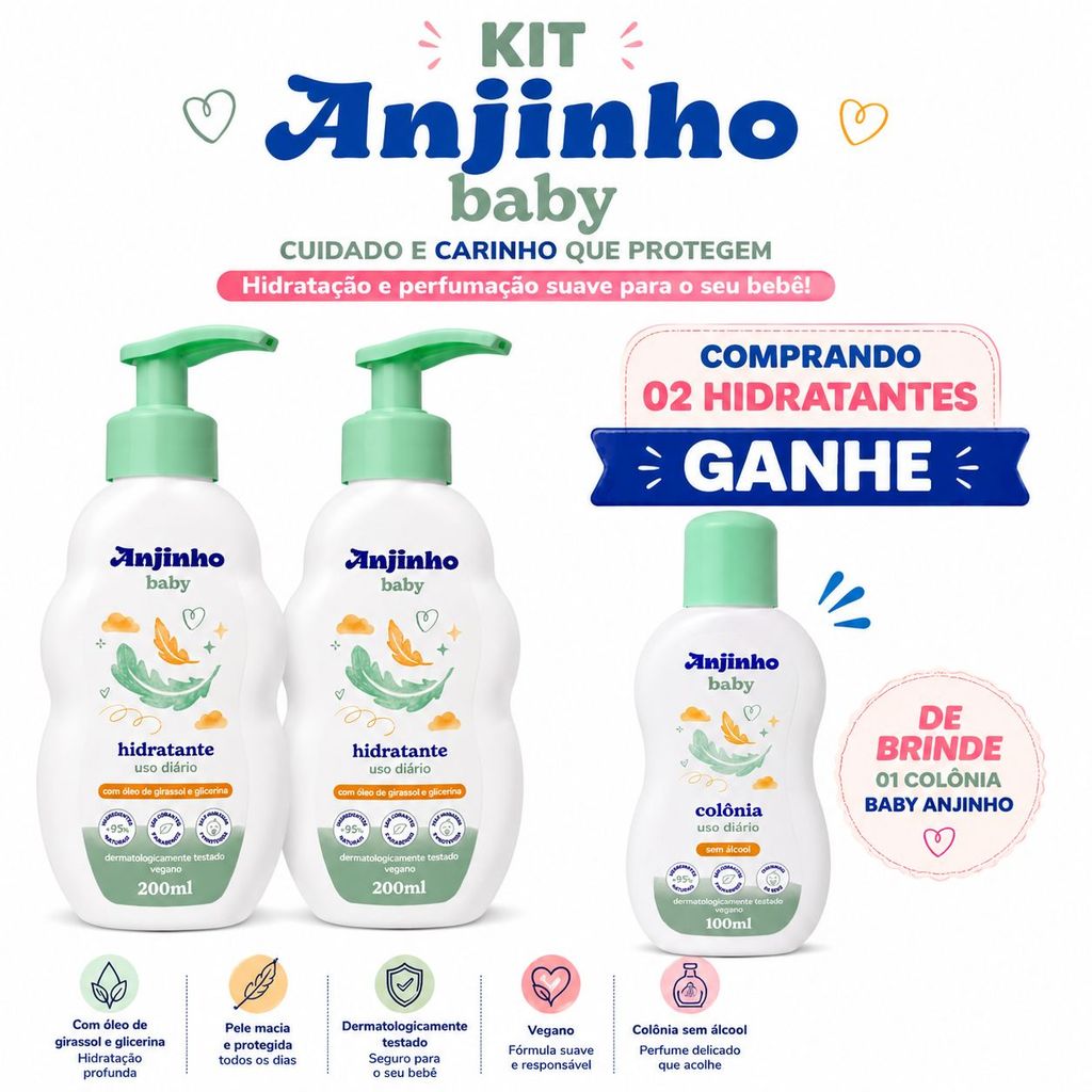 Kit 02 Hidratante Anjinho Baby 200ml Uso Diario e de Brinde a Colonia 100ml