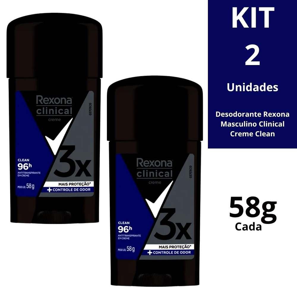 Kit 2 Un Desodorante Rexona Masculino Clinical 58Gr Creme Clean