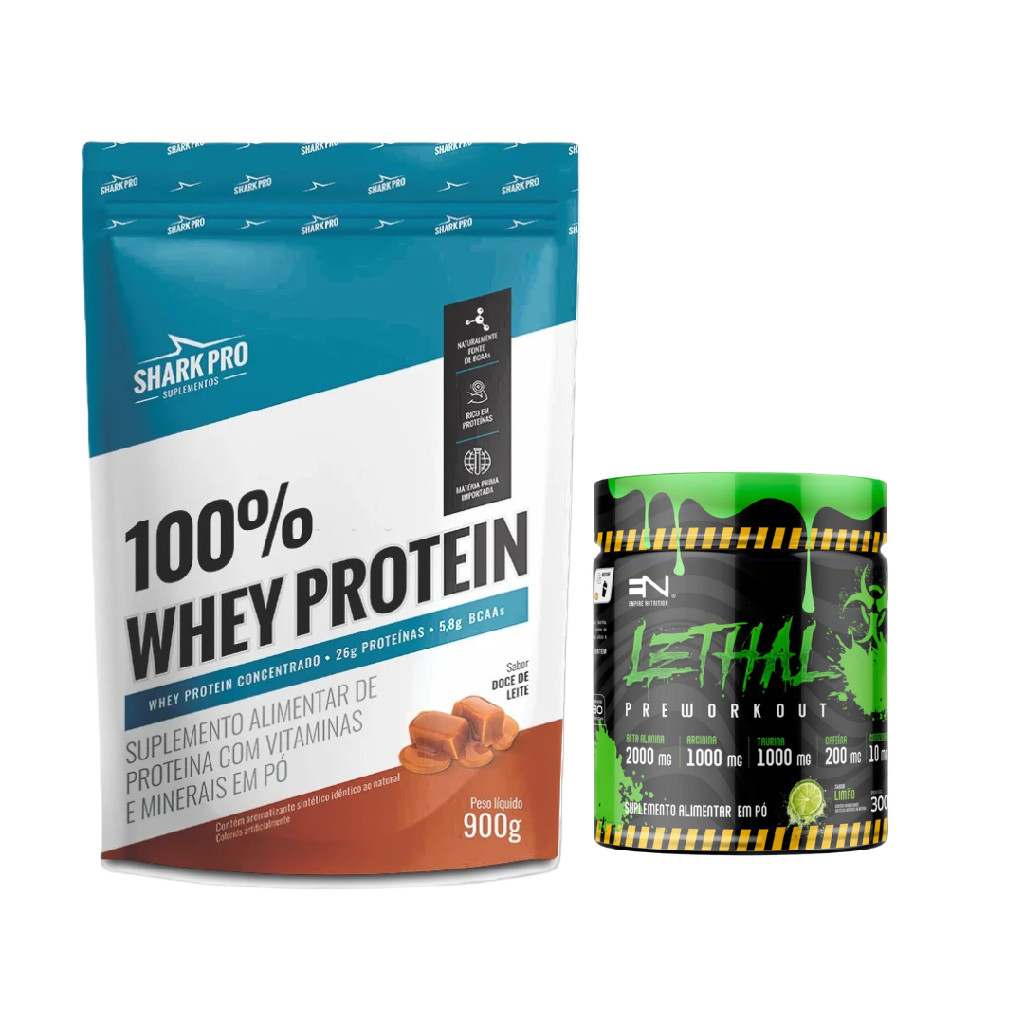 Kit 100% Whey Protein Shark Pro 900g Doce de Leite + Pré Treino Lethal 300g Limão