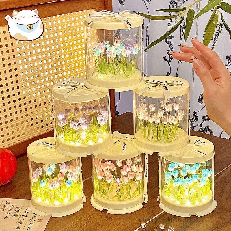 Luz Noturna De Tulipa , Lâmpada De Flor LED Artesanal Em Caixa De Bolo Transparente , Decoração De Mesa Romântica DIY E