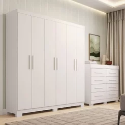 Conjunto Quarto Casal Guarda-Roupa 6 Portas Cômoda 8 Gavetas Papoulas Espresso Móveis Branco Branco