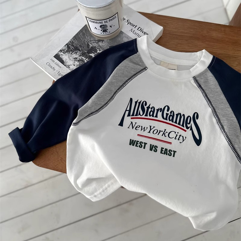 Crianças contraste cor costura manga comprida camiseta 2026 primavera outono roupas meninos meninas moda All-Match camis