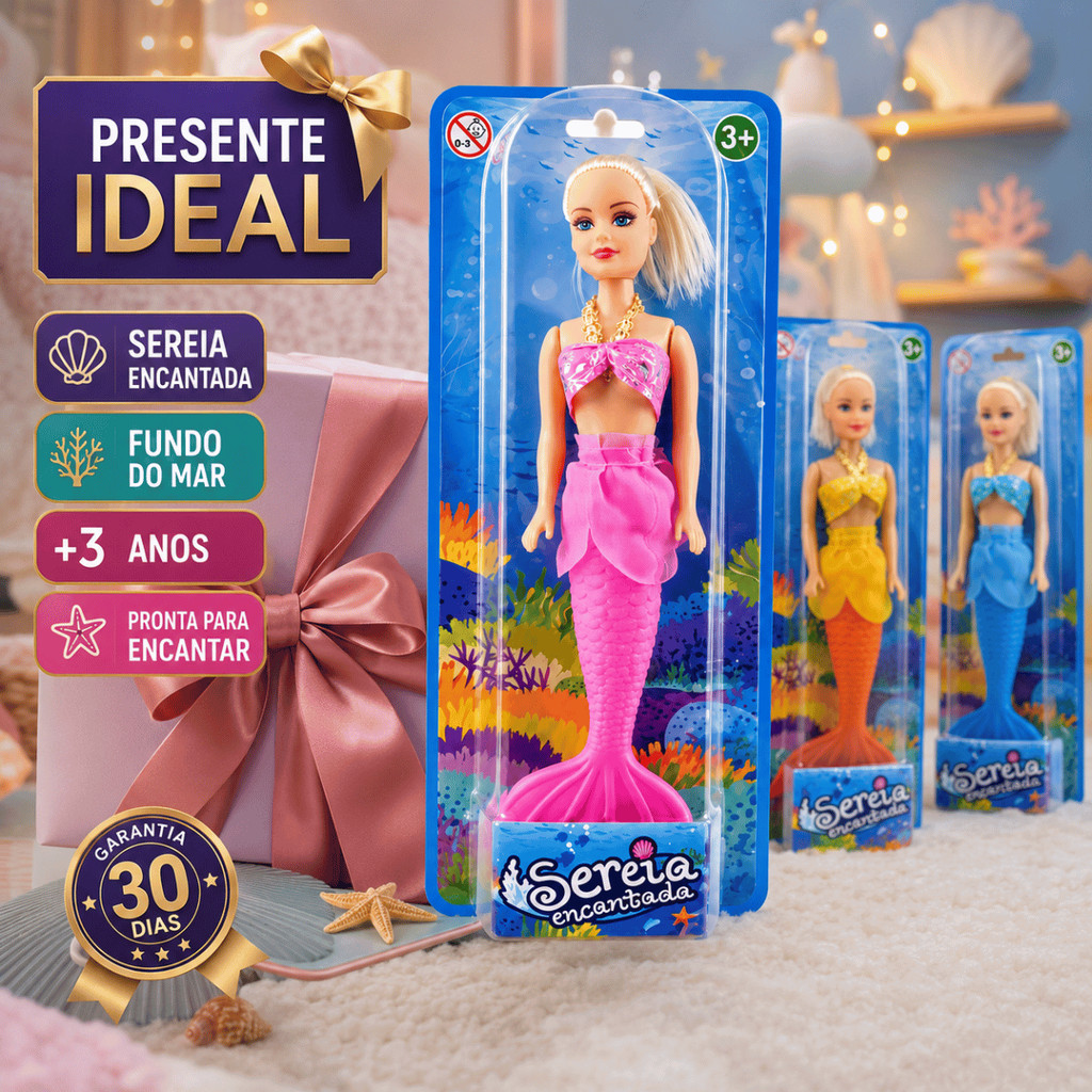 Boneca Sereia Encantada Com Cauda Brinquedo Infantil Menina Fantasia Princesa Do Mar Presente