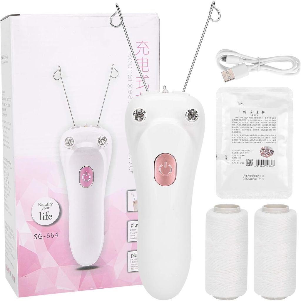 Depilador Facial com Fio de Algodão para Mulheres, Carregamento USB, Epilador Elétrico com Pó de Pérola para Remoção de 