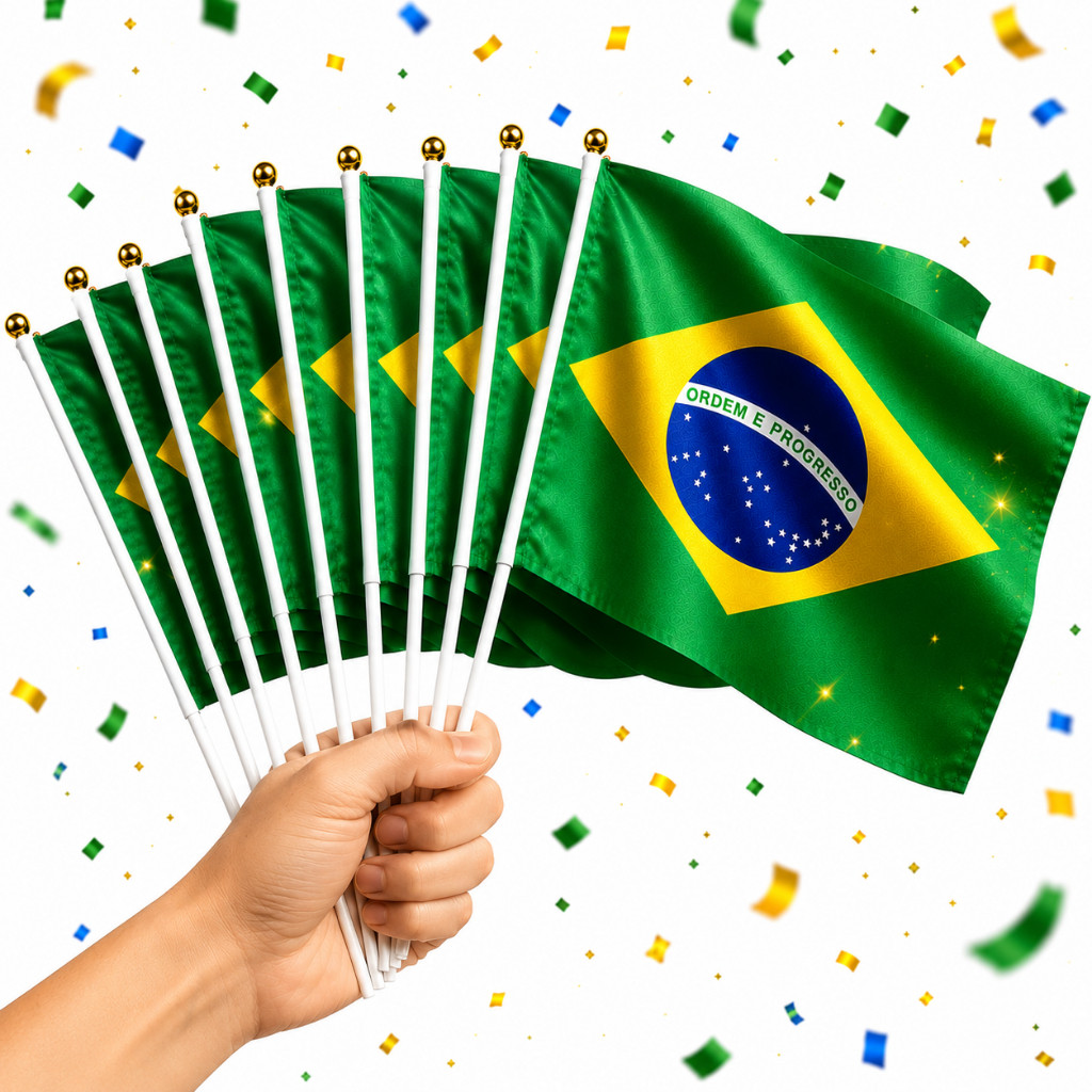 Kit 10 Bandeiras do Brasil com Haste Premium para Torcida, Copa do Mundo e Eventos