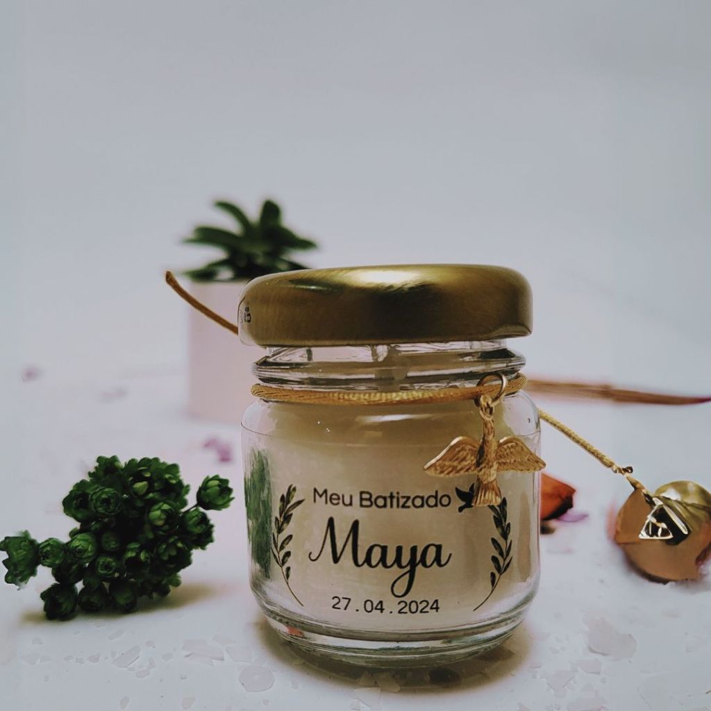 50 Lembrancinhas para Dindo - Kit com Vela Perfumada em Pote de Vidro com Tampa Dourada - Espírito Santo