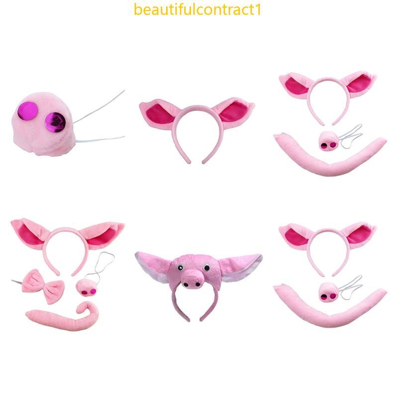 Bonito Rosa Piggy Orelha Bandana Nariz Cauda Conjunto Cocar Natal Festa Halloween Cosplay Traje