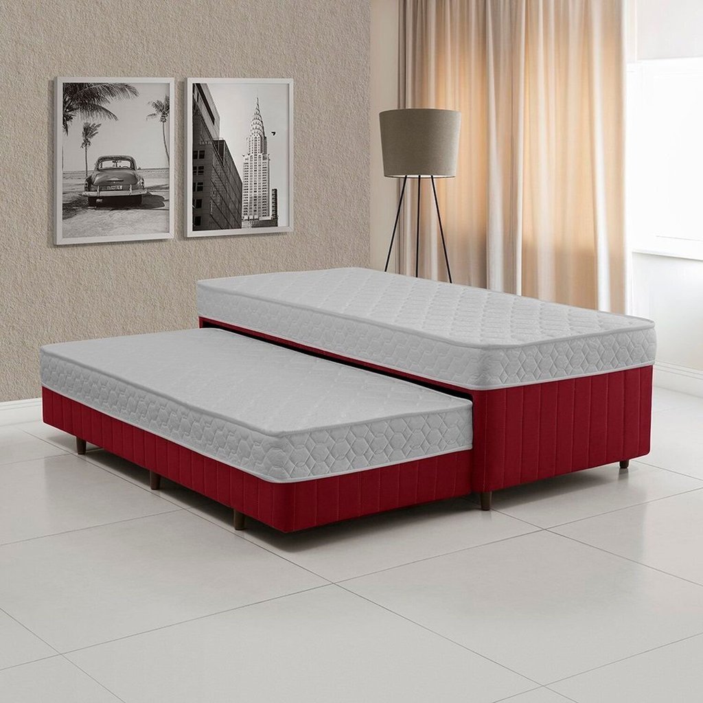 Cama Box Conjugada Solteiro com Auxiliar Colchões Sensor Yescasa Vermelho/Branco Branco/Vermelho