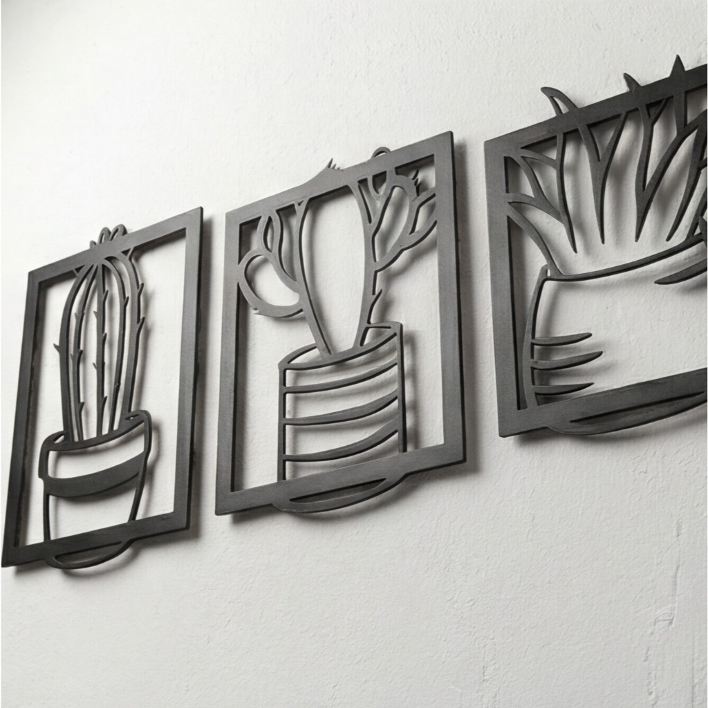 Quadros Decorativos Cactos Suculentas Trio MDF Preto 3D Vazado Parede Sala Quarto Boho Minimalista