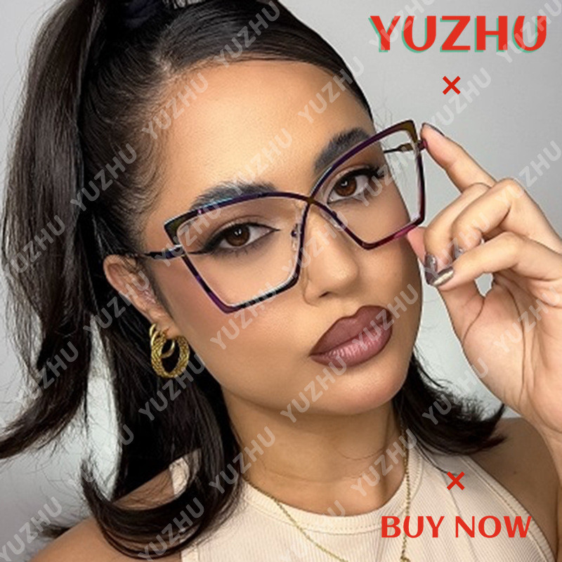 (YUZHU) Óculos de Metal Femininos Oversized Estilo Olho de Gato com Proteção Contra Luz Azul UZK4