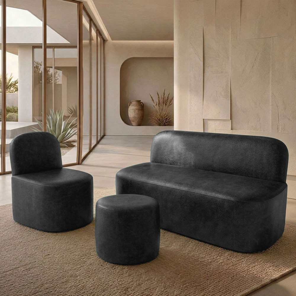Kit Poltrona Decorativa Lumiere Com Puff Coliseu e Namoradeira Naeris W01 Couríssimo Preto   - Lyam Decor