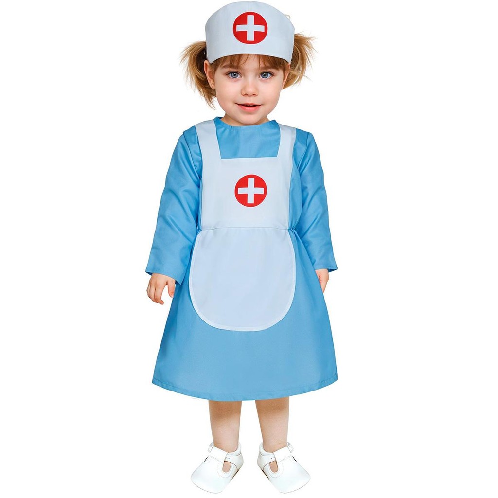 Fantasia de Bebê pra Menina Roupa de Enfermeira Classica com Touca Vestido Azul Claro Avental