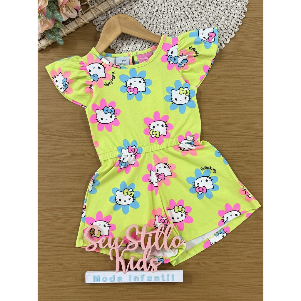 Macação Curto Infantil Momi Verão Florzinha Hello Kitty Verde