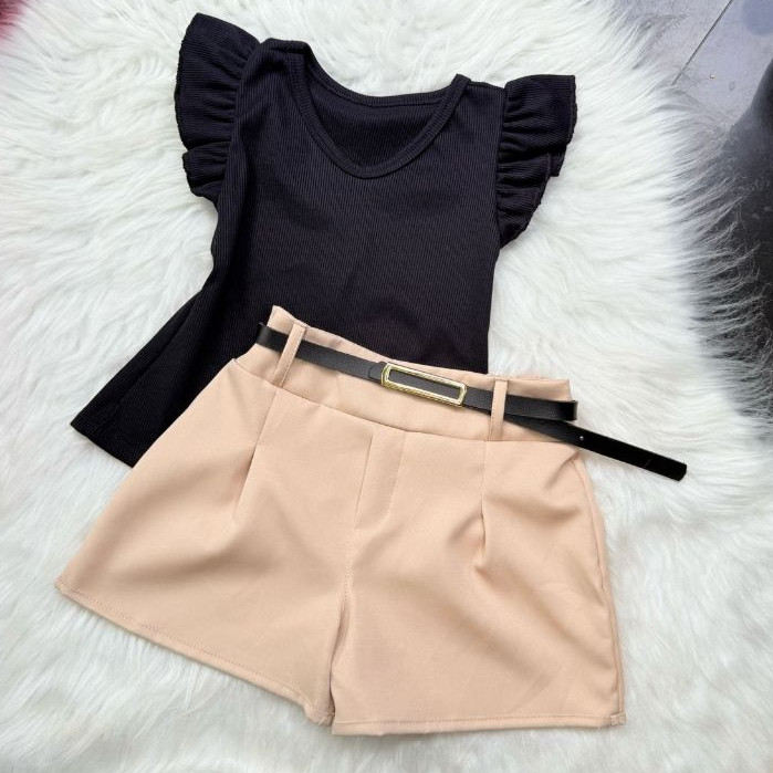 Conjunto infantil 3 peças  Blusa - short alfaiataria e cinto infantil menina / moda verão infantil menina em Oferta na Shopee