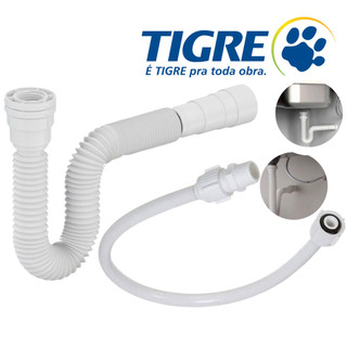 Kit Sifão Sanfonado Ajustável Universal Branco 66cm Tigre+ Engate Flexível PVC 1/2 50cm Kit Banheiro