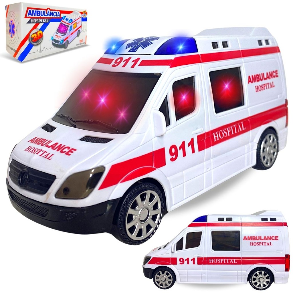 Ambulância De Brinquedo Com Sirene Som Luz Anda Bate e Volta