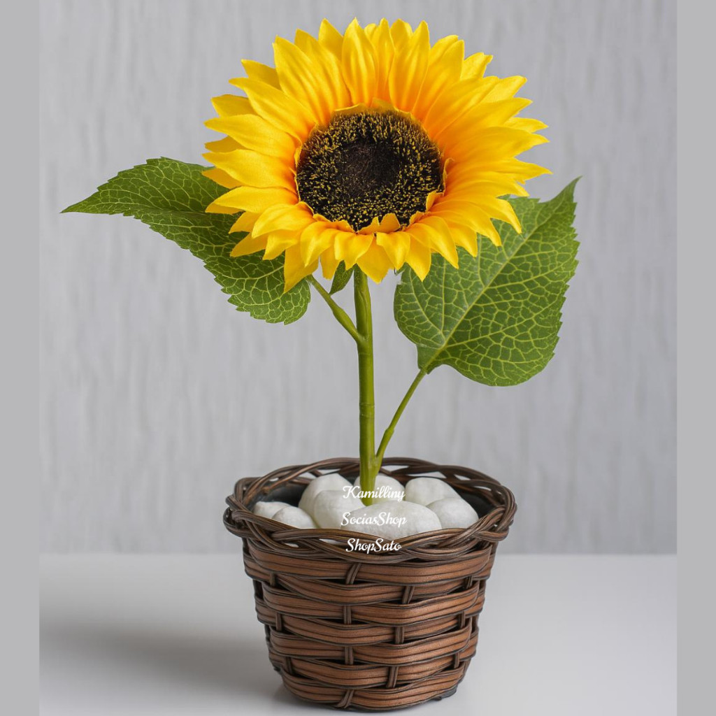 Arranjo Completo Vaso De Vime + 1 Flor Individual Girassol Com Pedras Brancas 470g Enfeite 2025