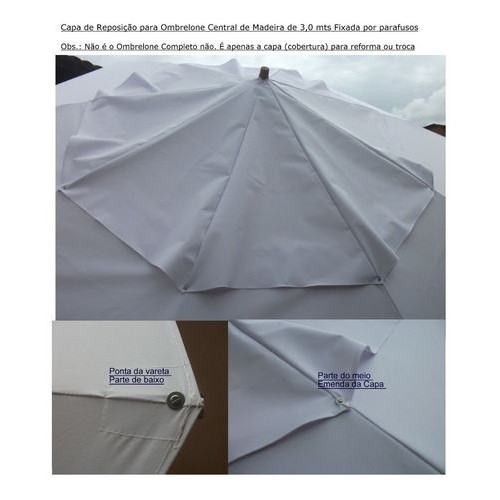 Capa de Reposição para Ombrelone Central de Madeira 3,0 mts, para modelos de 8 varetas d 1,50 mts, fixada com parafusos,