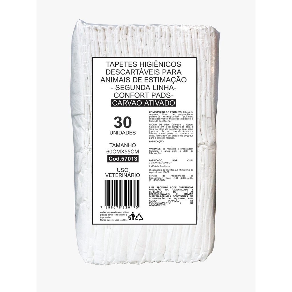 Tapete Higiênico Pet Confort Pads 2ª Linha com Carvão Ativado 55x60cm – Pacote com 30 Unidades