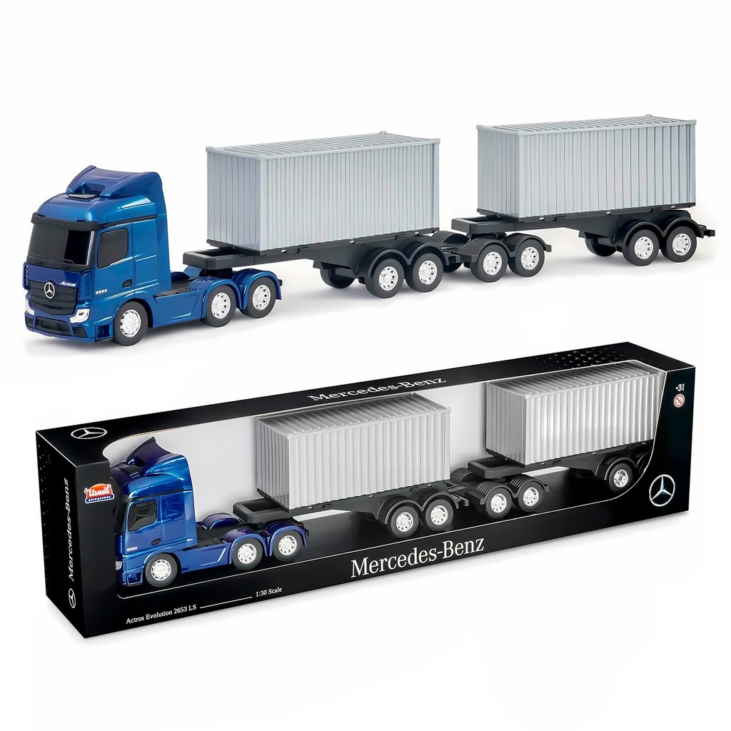 Caminhão Infantil Mercedes-Benz Actros Rodotrem Container 73 Cm Rodas Cromadas Carreta Dupla Removível