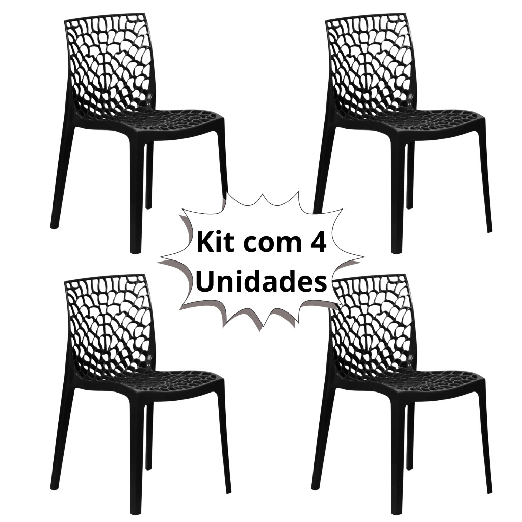 Kit 4 Cadeira Para Mesa de Jantar Gruvyer Polipropileno Vazado Coral Eco Preta Casa Cozinha Decoração Recepção Polyplast