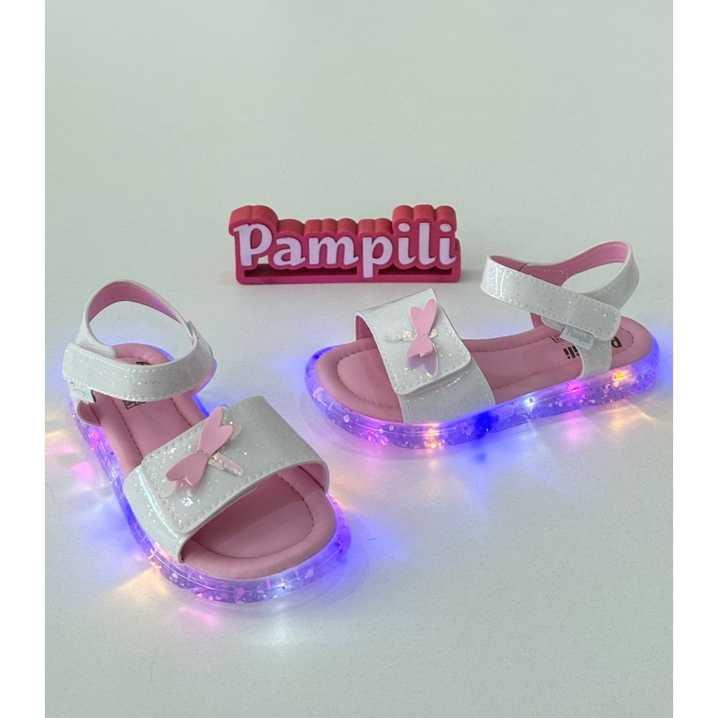 Sandália Infantil Pampili Led Branca com Libélula e Glitter