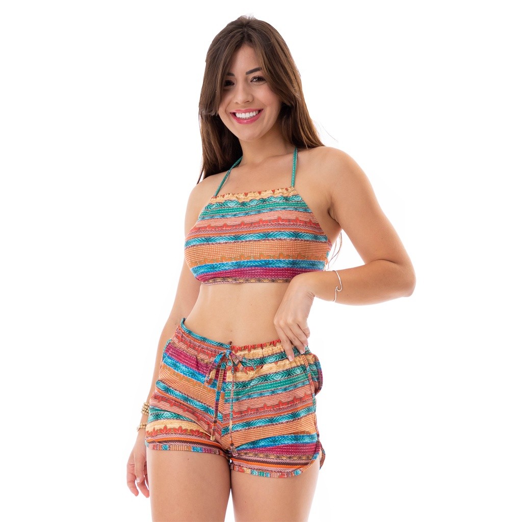 Conjunto De Biquini Cropped Top Bojo + Short De Praia Saída Kit Combinando