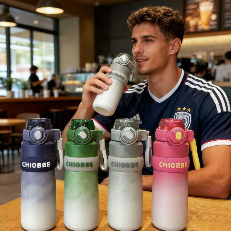Garrafa Térmica Com Trava Anti-vazamento e Bico de Silicone Alça Lazer Esportes Inox 560ml JH