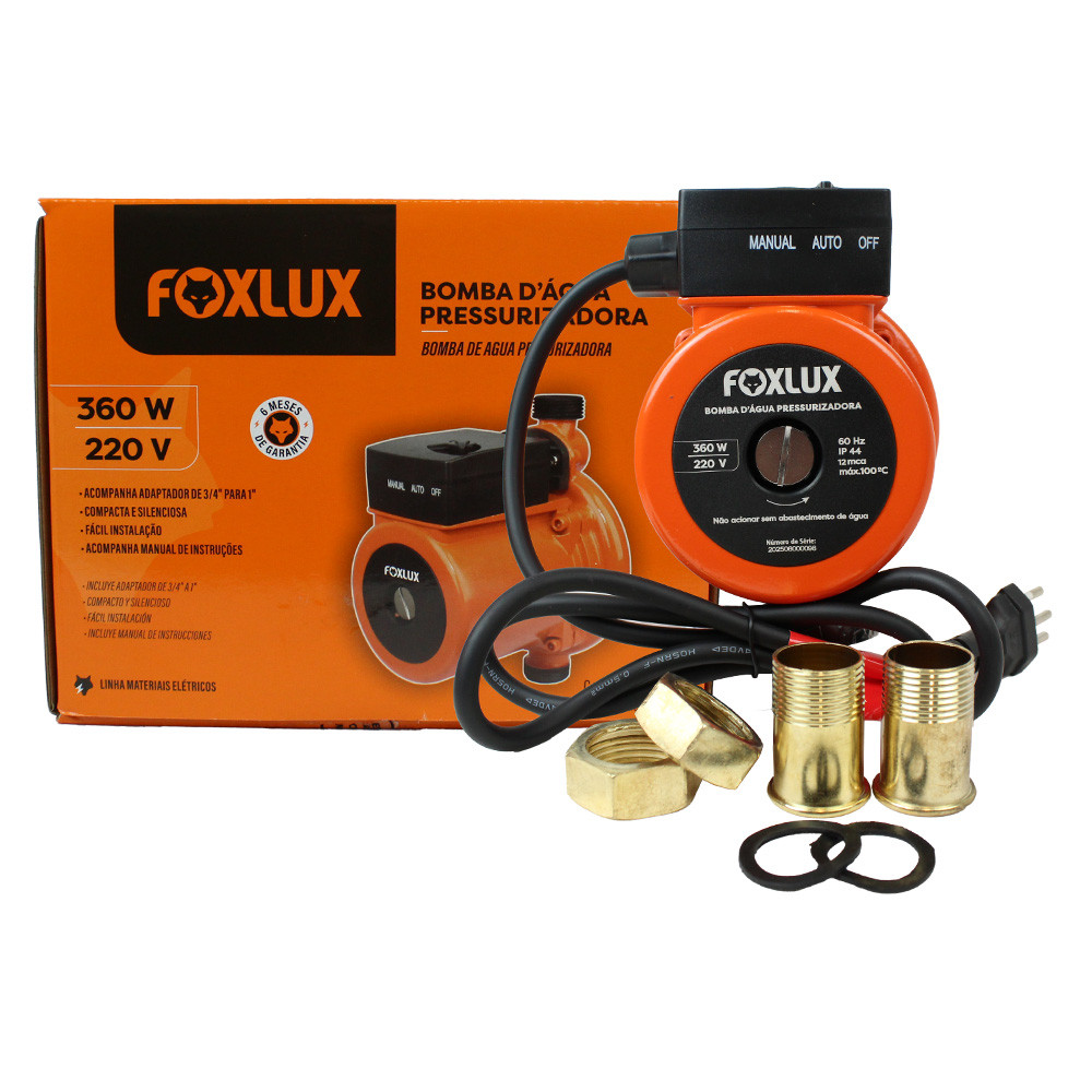 Detalhes do Bomba D’Água Pressurizadora Foxlux 220V 360W 2400Lh Compacta e Silenciosa