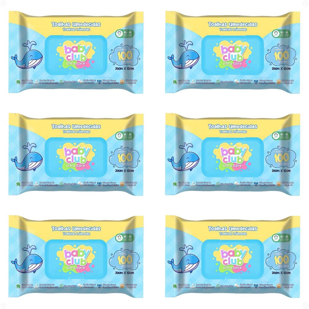 Kit Baby Club Ultra Care: 6 Pacotes Toalhas Umedecidas Baby 20x13cm Com 100Un