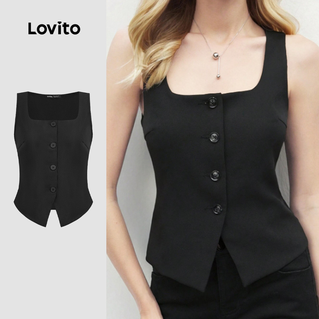 (NEW) Lovito Camisa Casual de Botâo Superior para Deslocamento Na Primavera/verão Preta para mulheres L155AD299 em Oferta na Shopee